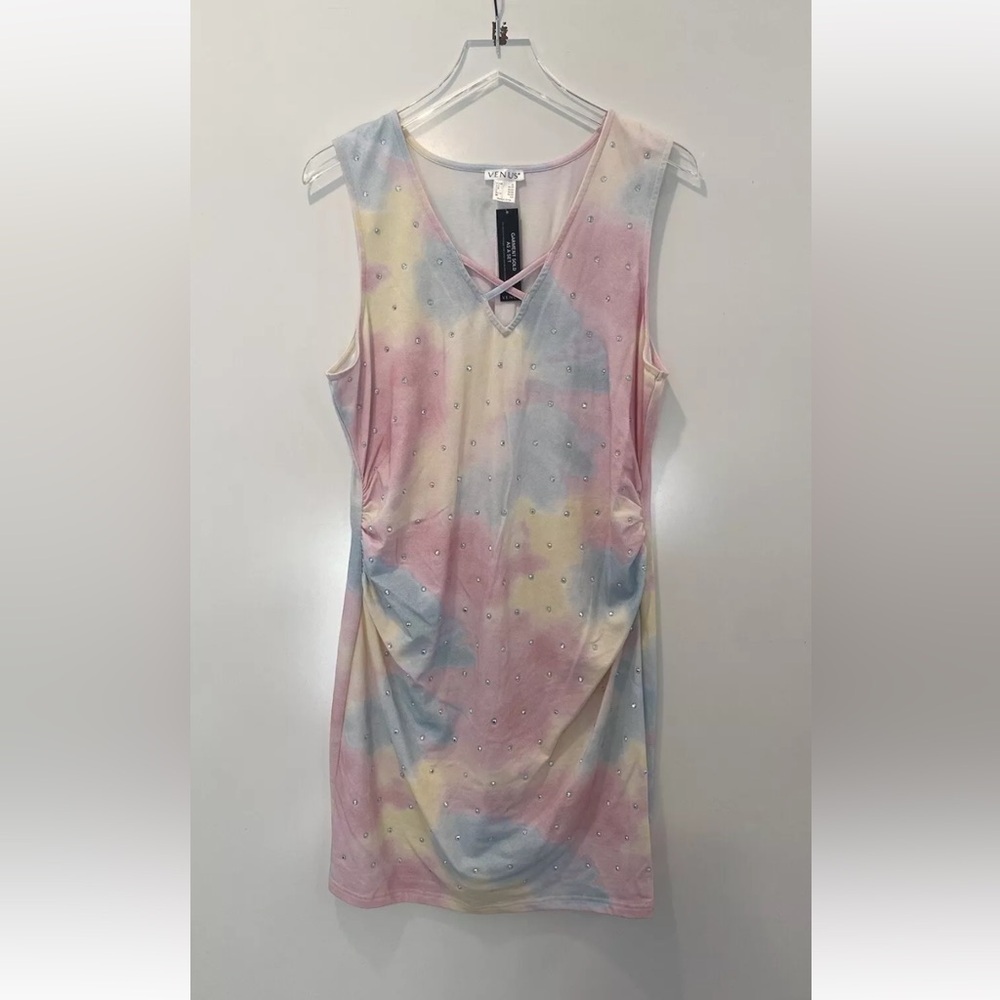 NWT VENUS Tie Dye Rhinestone Ruched Lounge Sleeveless Dress Womens Size XL (608)